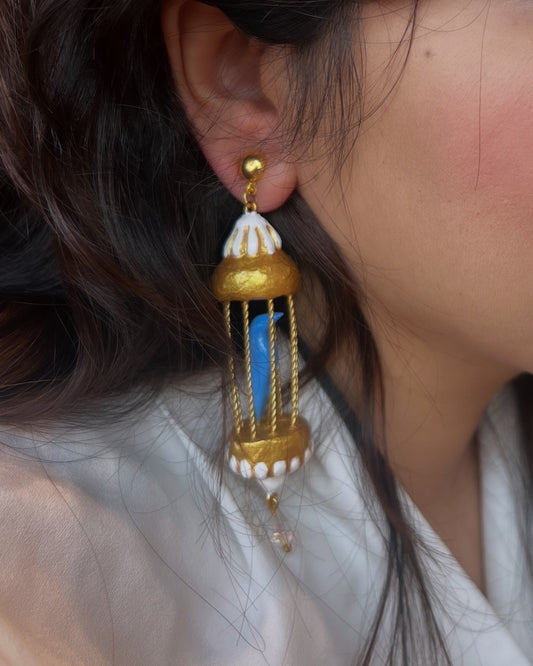 Blue bird in golden cage danglers