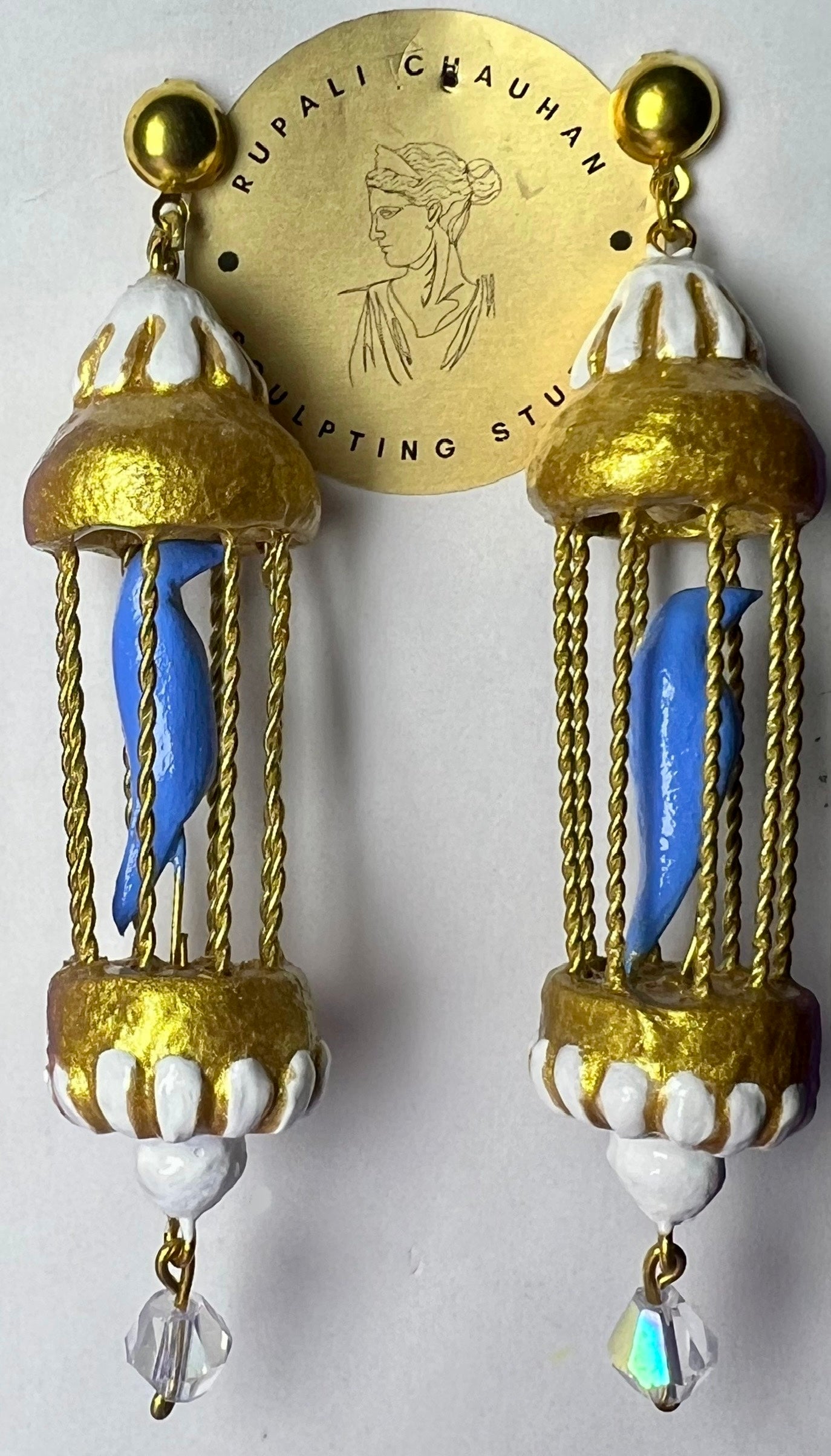 Blue bird in golden cage danglers