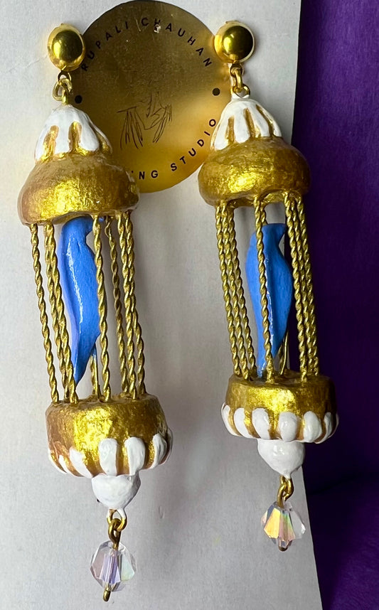 Blue bird in golden cage danglers