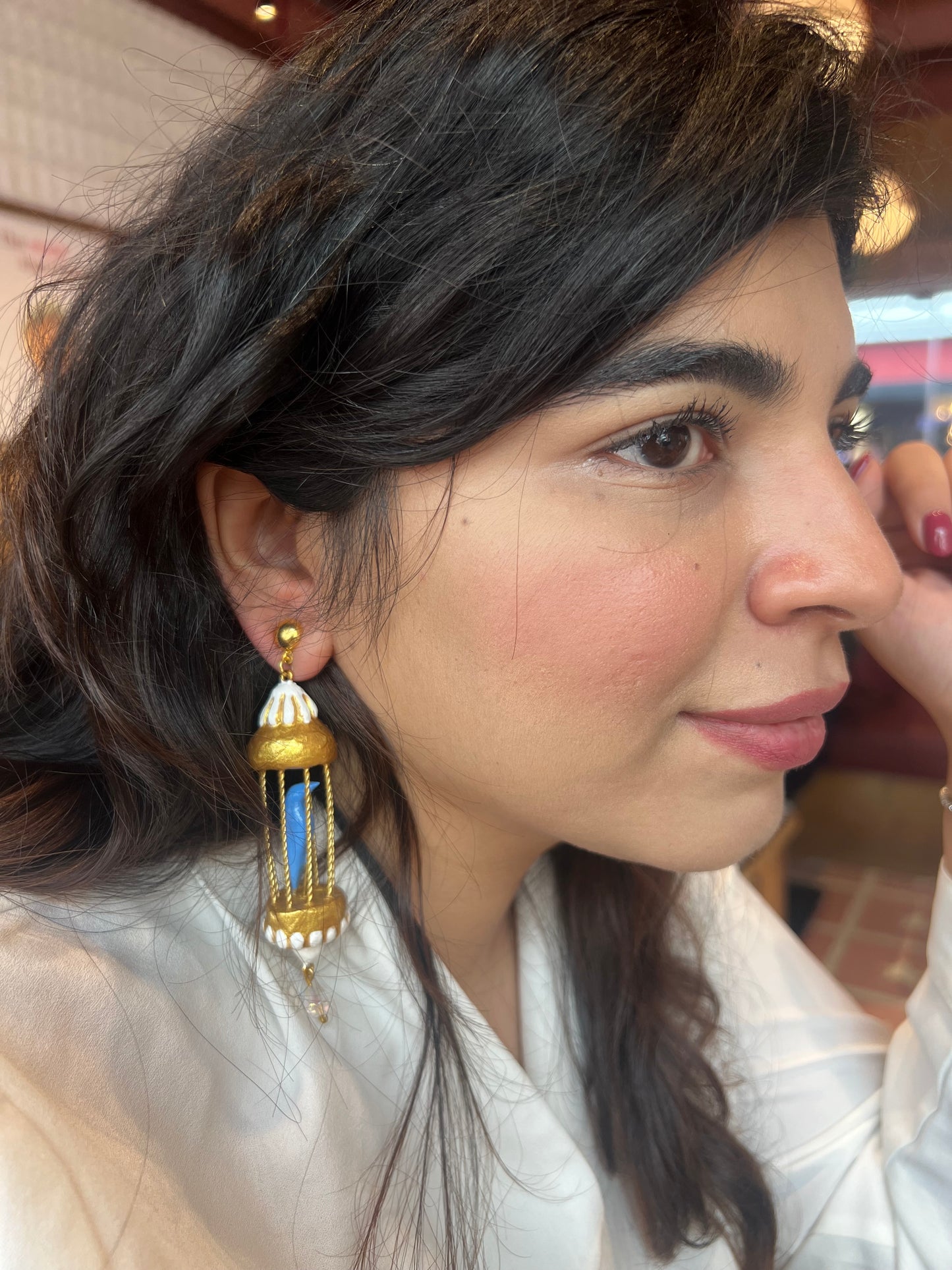 Blue bird in golden cage danglers