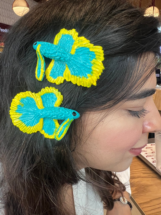 Fish-Sea blue and lemon yellow hair clips